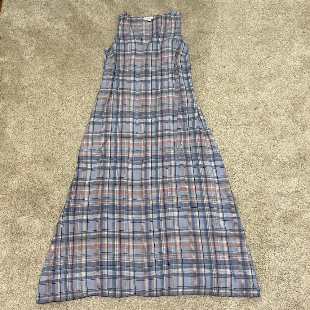 J. Jill Love Linen Dress Size Small Plaid Pink Blue Sleeveless Midi V Neck Shift